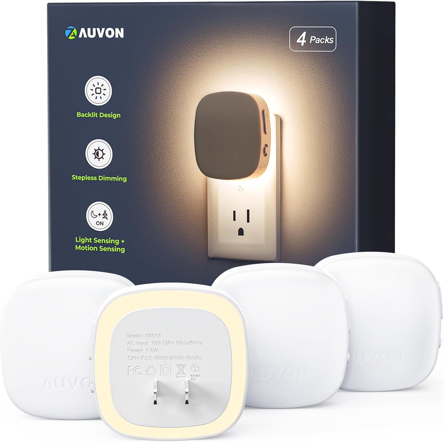 AUVON Backlit LED Night Lights with Motion Sensor - 4 Pack