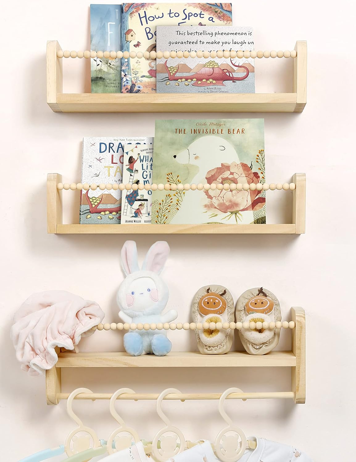 Natural Wood Nursery Floating Shelves with Beaded Railing - Set of 3
