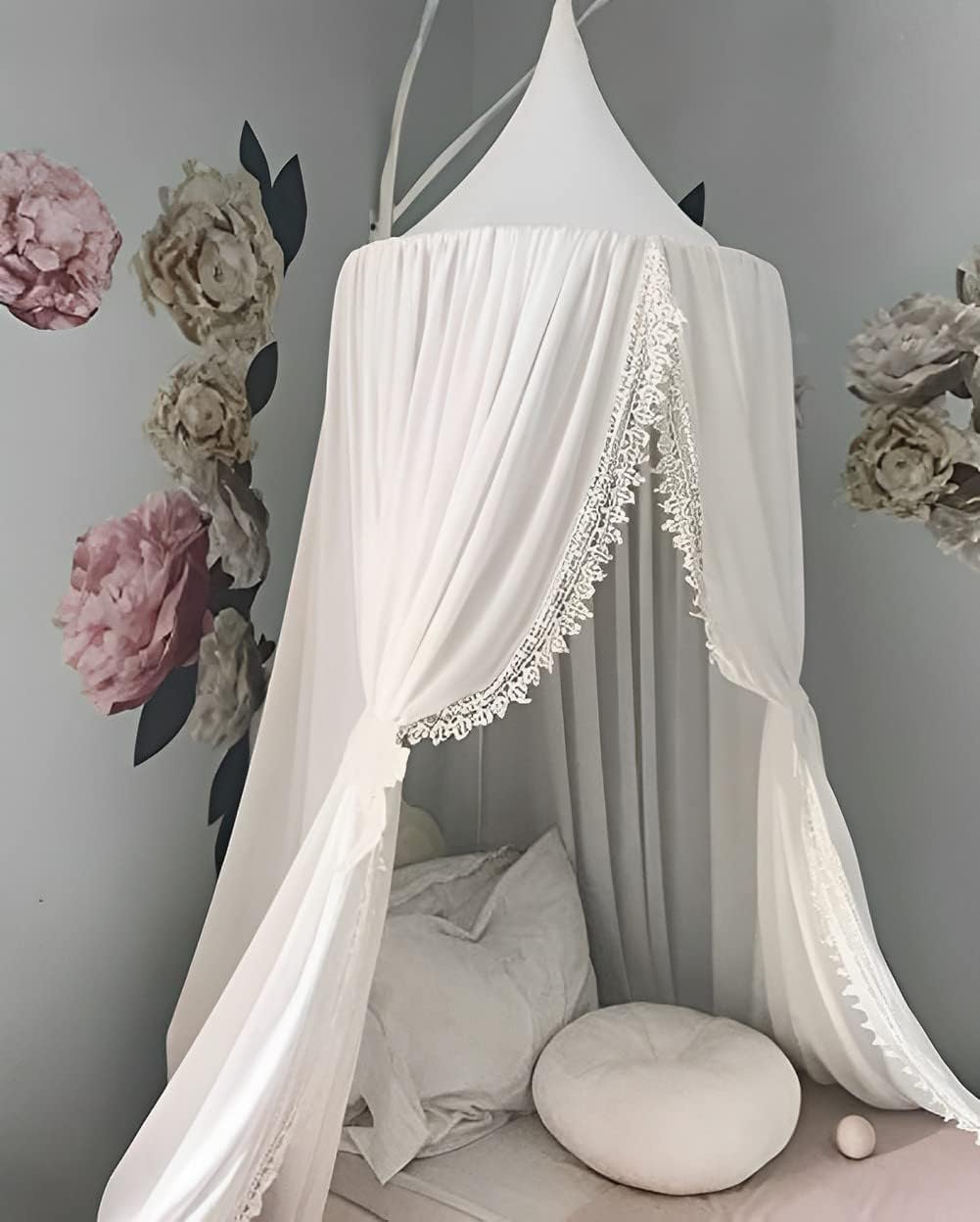 White Chiffon Bed Canopy - Elegant with Lace Trim for Kids